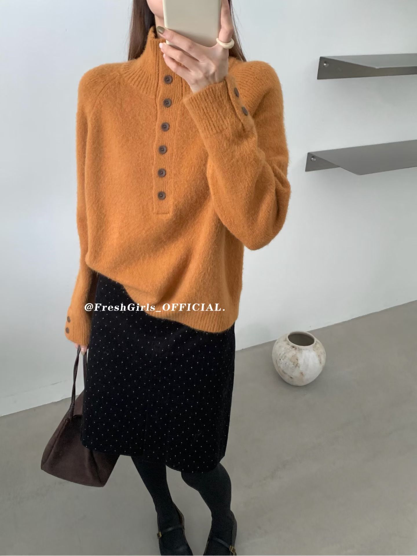 韩系高领纽扣打底针织毛衣女冬季慵懒风半开领套头长袖上衣8002