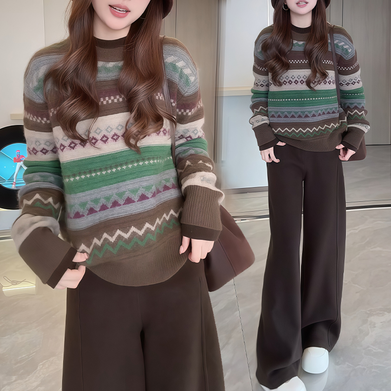 复古民族风提花针织裤套装2025冬季新款同色系设计日常松弛复古感