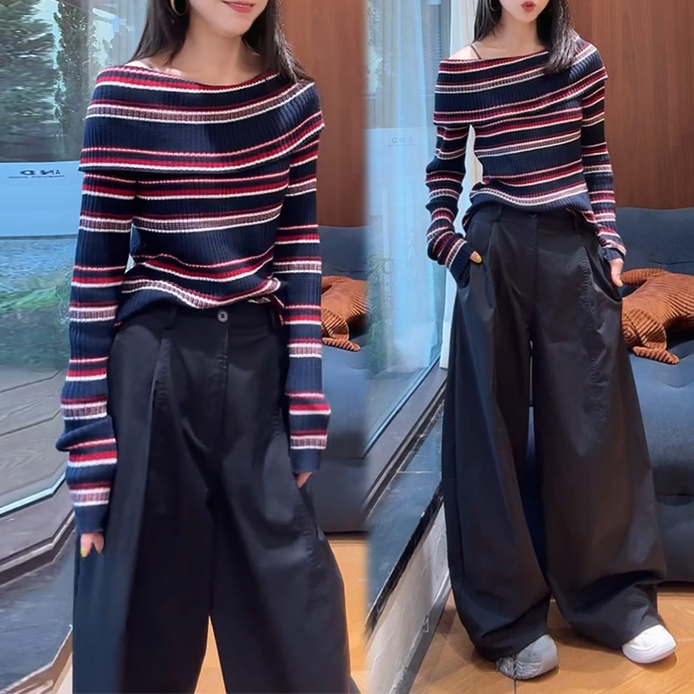 小众炸街设计感套装女2025春秋新款条纹露肩针织长袖阔腿裤两件套