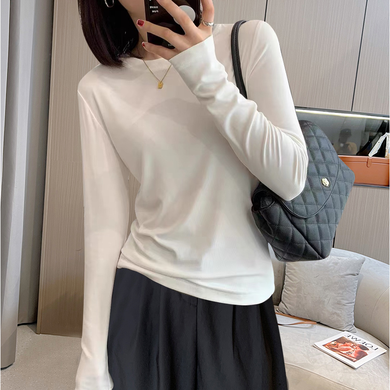 简约长袖t恤女2025春秋韩版女装白色打底衫纯色内搭圆领体恤上衣