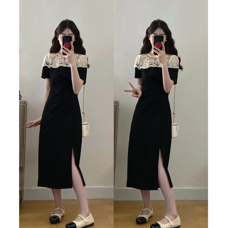 大码法式温柔风蕾丝拼接连衣裙夏季新款褶皱开叉气质洋气显瘦长裙