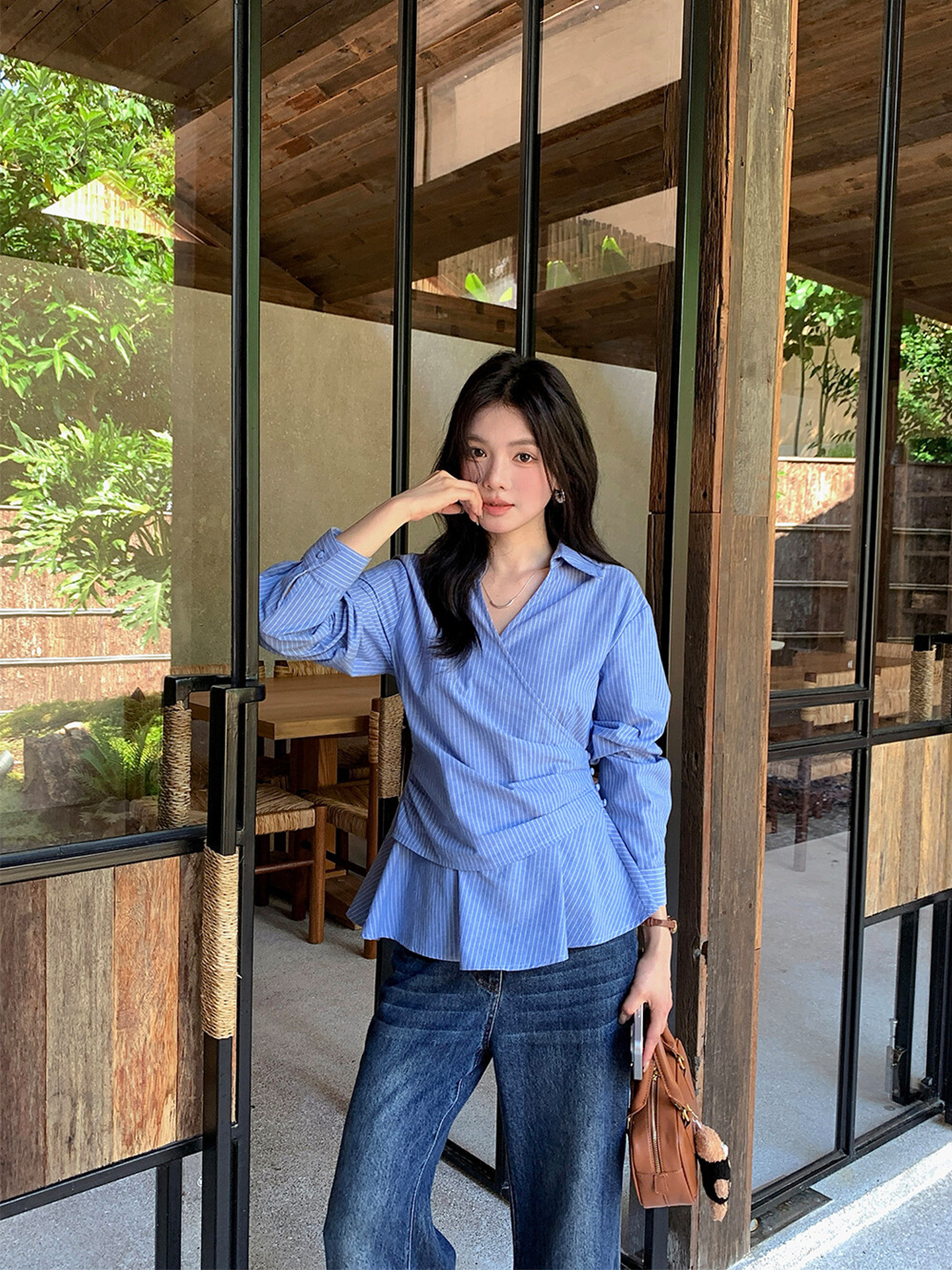 现货 设计感褶皱条纹衬衫女2025秋季新款韩系气质百搭显瘦上衣
