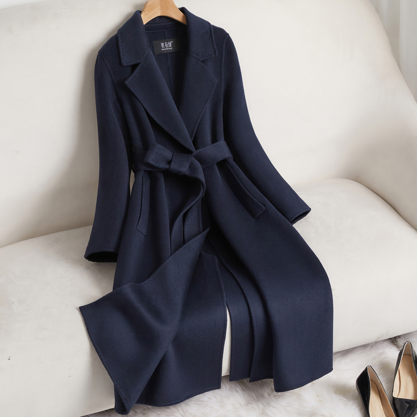 藏青色双面羊绒大衣女中长款正肩后开叉时尚赫本风羊毛呢外套高端