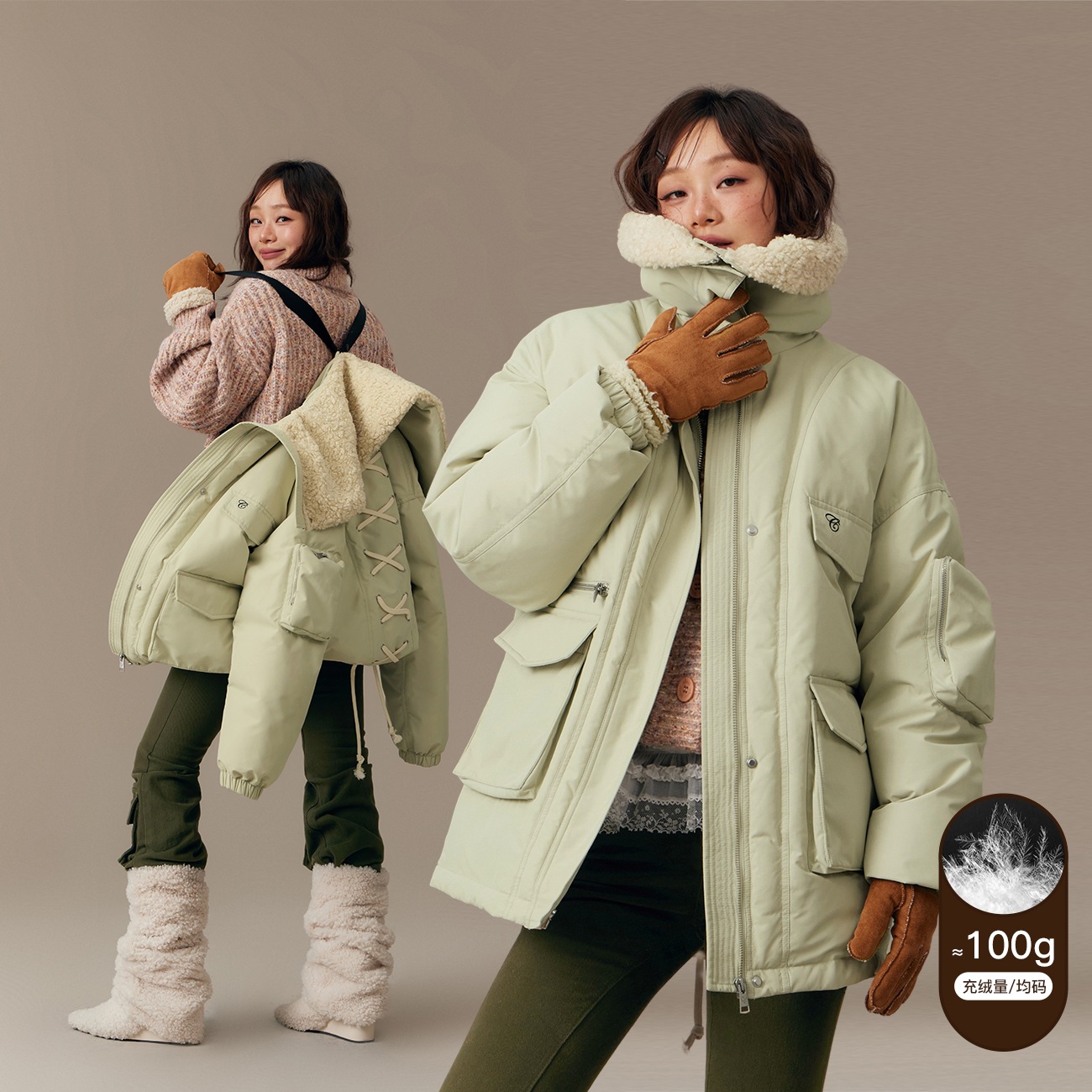 CHUU冬季女装宽松新国标90绒设计仿羊羔毛显瘦拼接百搭辣妹羽绒服
