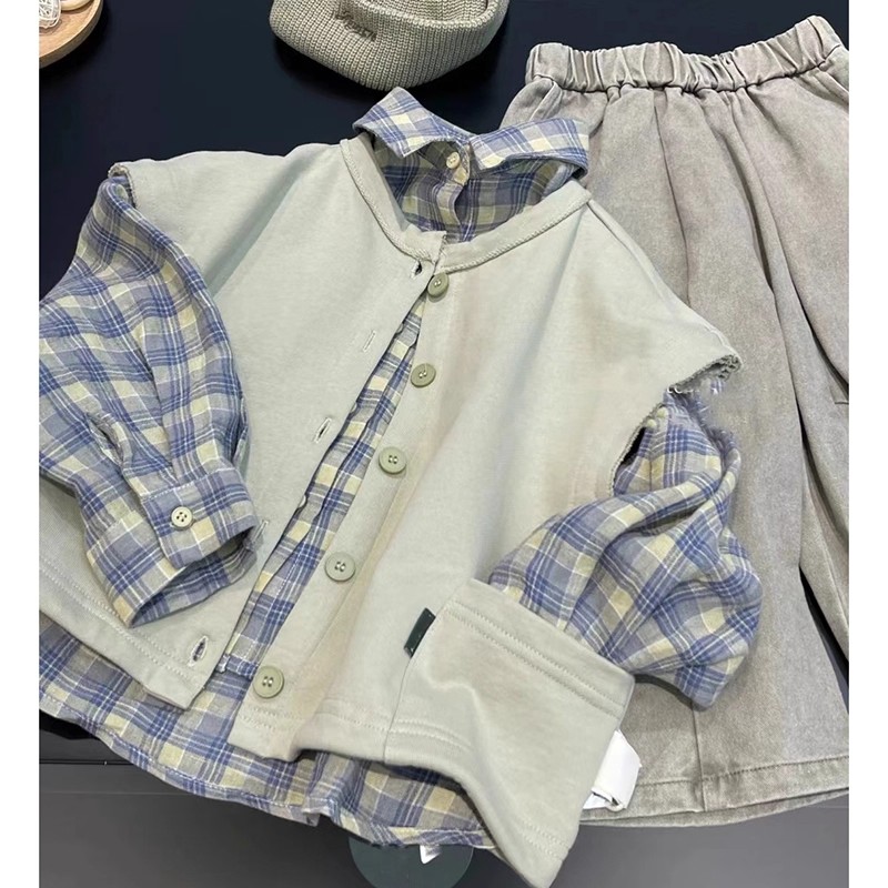 韩国童装男童套装2025秋季洋气酷帅韩系格子儿童时髦秋款衬衫马甲