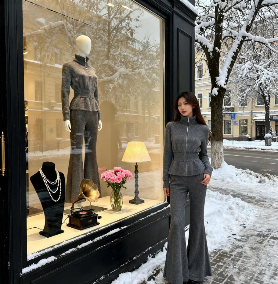 冬季穿搭一整套高级感减龄气质小香风深灰色毛衣开衫阔腿裤套装女