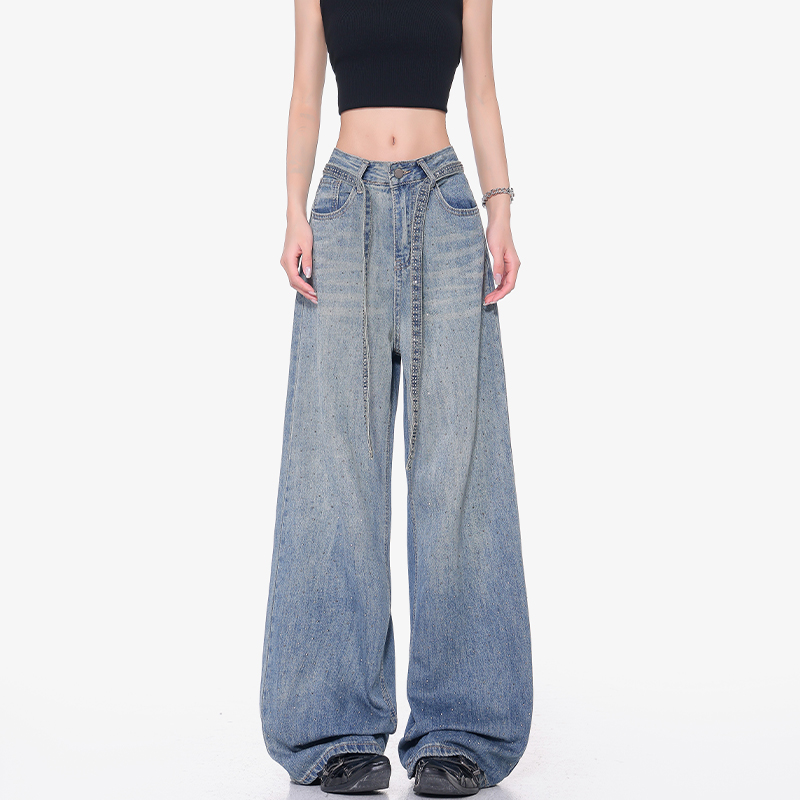 KEN STUDIO夏秋新款蓝色满天星烫钻牛仔裤女高腰猫须宽松阔腿长裤