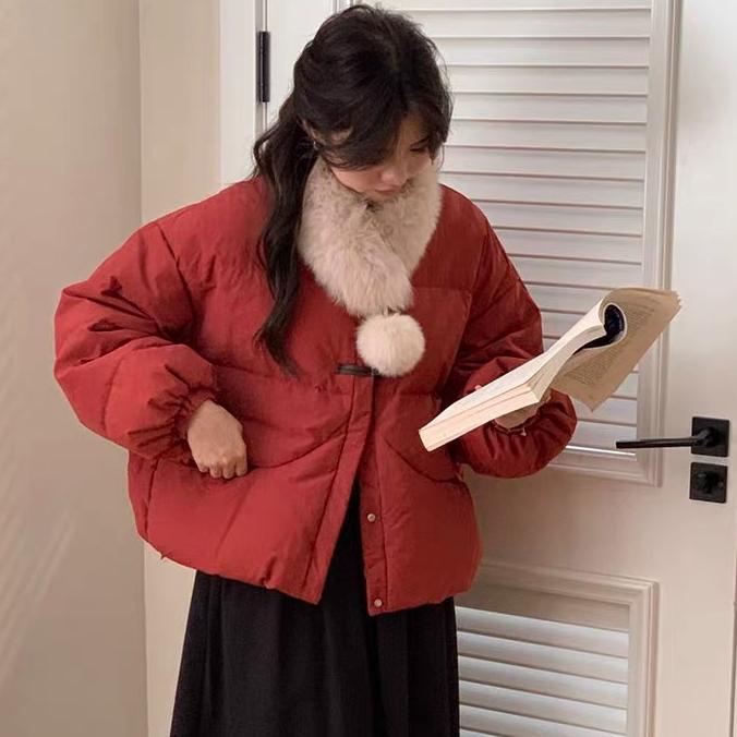短款小个子学生羽绒/棉服女2025韩版新款狐狸毛围脖甜美白绒外套