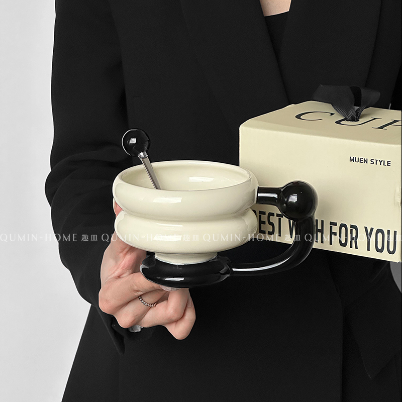 趣皿ins风复古撞色马克杯咖啡杯高颜值陶瓷杯喝水杯子精致伴手礼