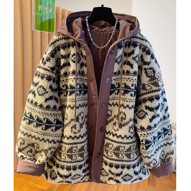 高级感复古毛毛连帽棉服女秋冬2025新款宽松加厚摇粒绒夹棉外套