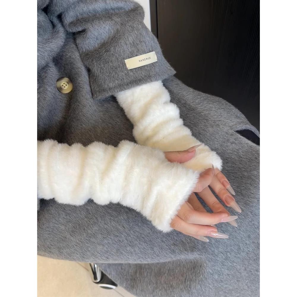 软糯毛绒半指手套女加绒保暖秋冬袖套可爱彷兔毛手袖长袖漏指手套