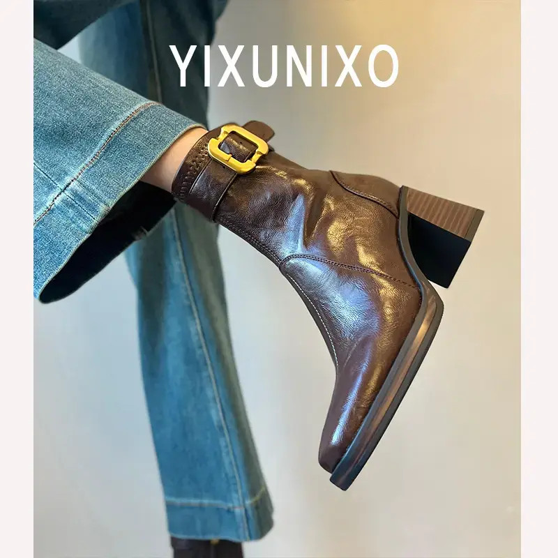 羊皮版~静音底方头高跟短靴女轻奢粗跟瘦瘦靴百搭显瘦新款马丁靴