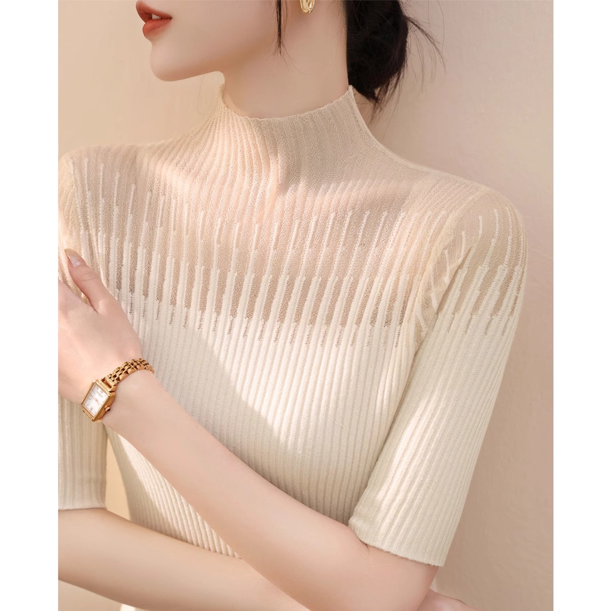 法式高级早秋2025新款五分袖针织衫女修身半高领蕾丝网纱打底T恤