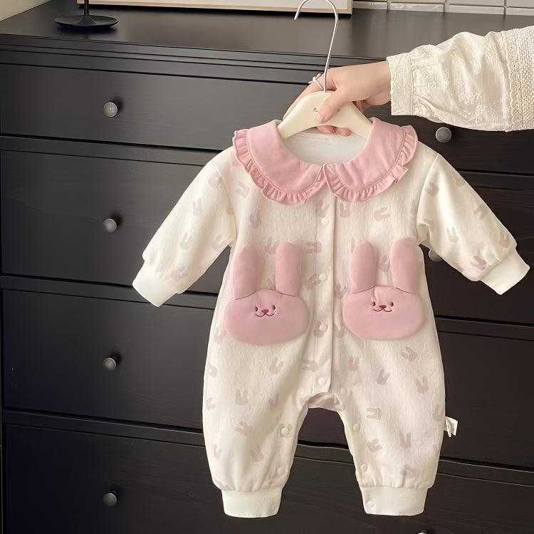 秋季婴儿衣服双层甜美可爱哈衣爬服宝宝连体衣秋装超萌包屁衣朱