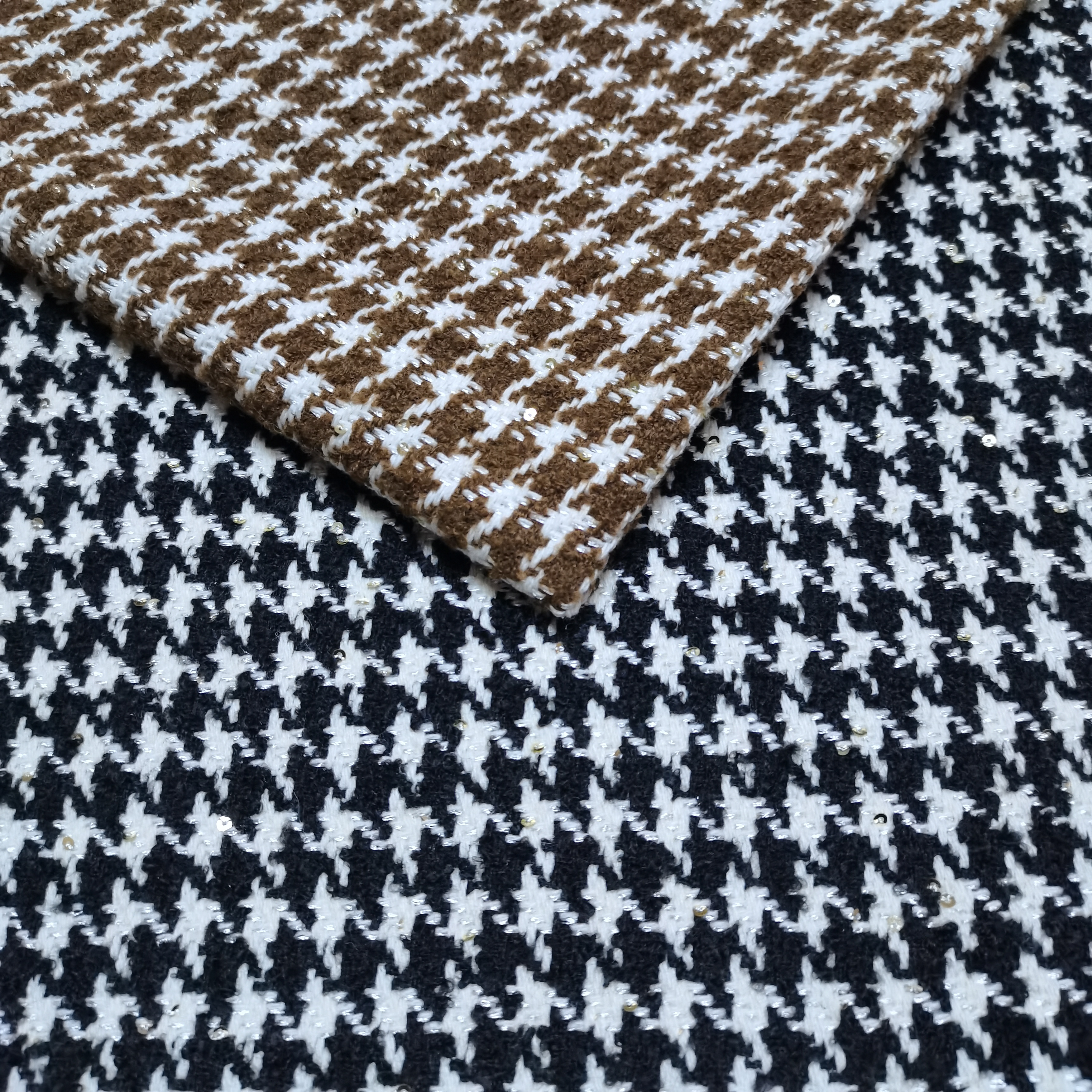 新款亮片千鸟格小香风编织呢工艺面料柔软垂感好套裙马甲裙面料