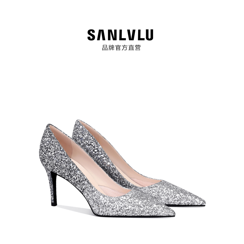 SANLVLU香港 吉娜同款高跟鞋银色灰姑娘水晶鞋单鞋主婚纱订婚鞋女