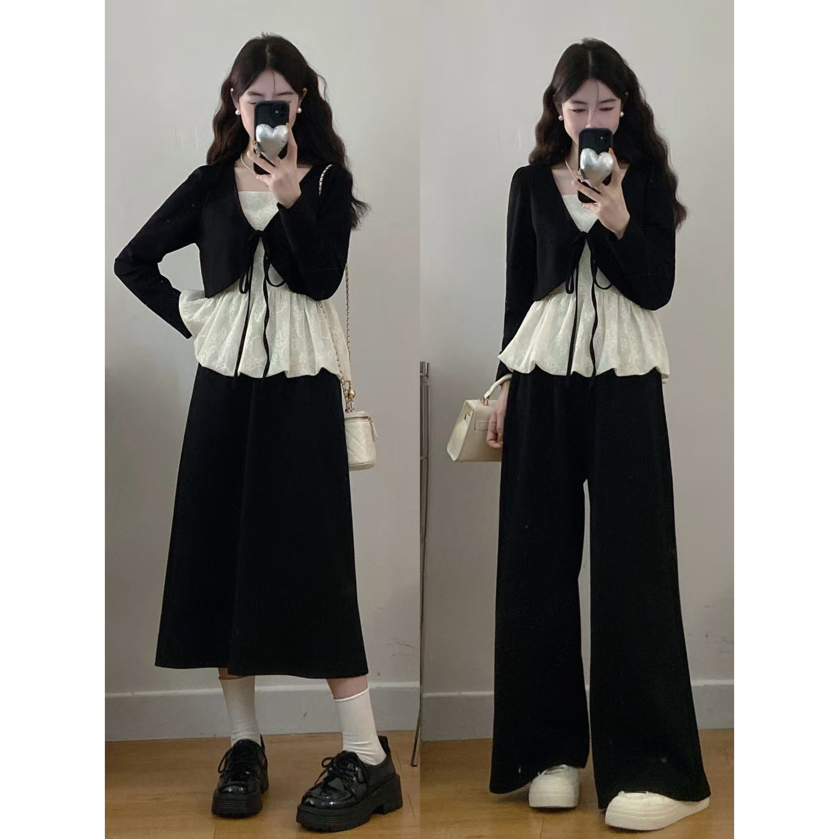 大码女装胖mm新款假两件蕾丝拼接上衣+半裙两件套秋冬长裤套装春