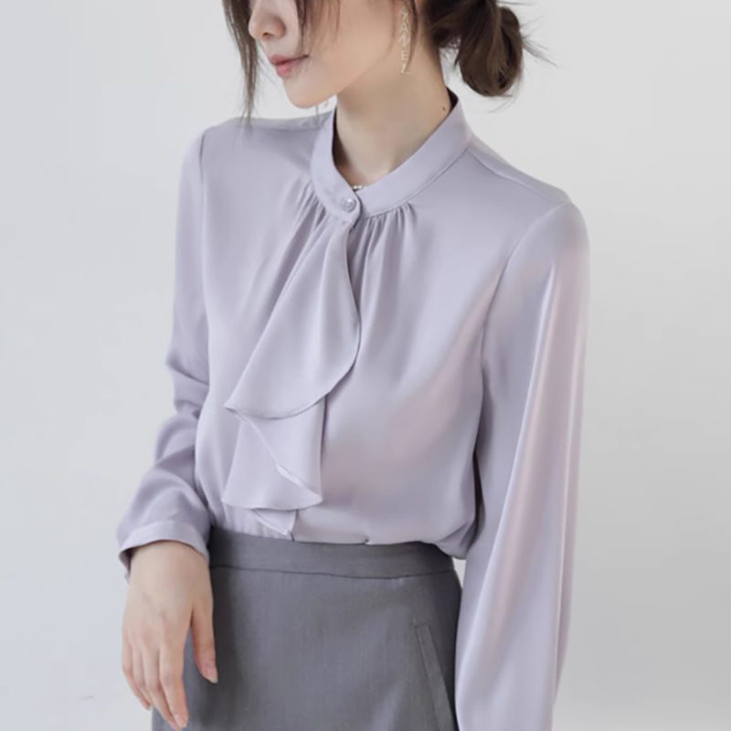 法式优雅设计飘带领结高级感长袖衬衫女秋季紫色气质通勤职场衬衣