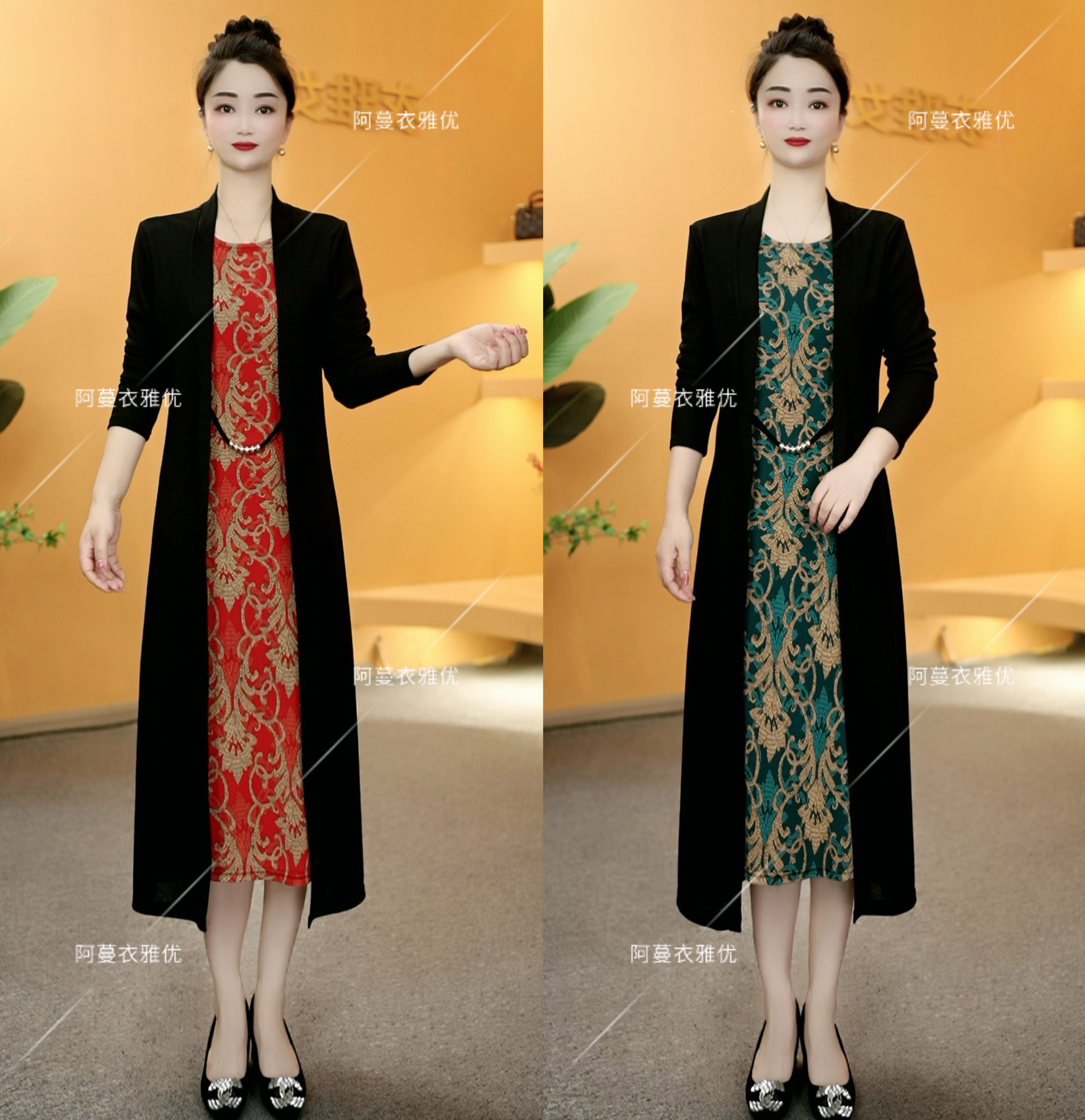 【衣雅严选】8083-1306新款中长款时尚气质显瘦外套假两件连衣裙