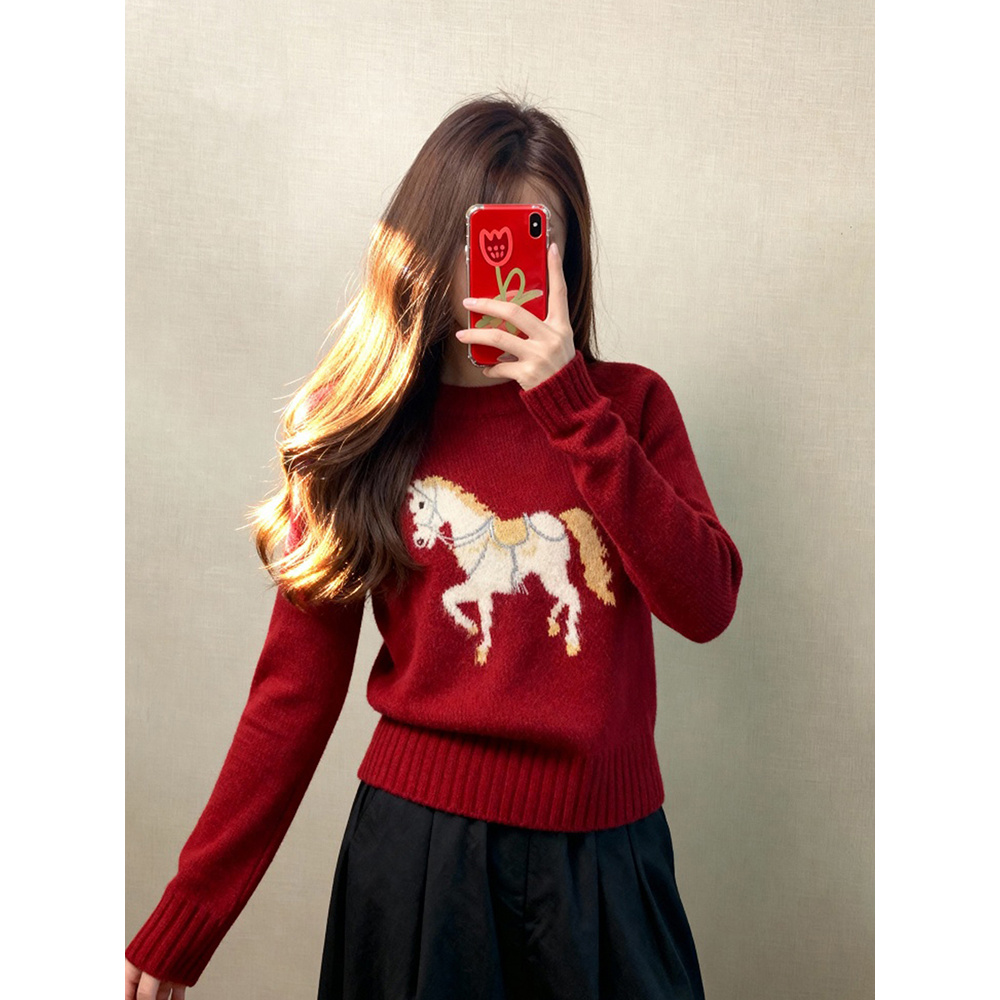 红色印花毛衣2026马年本命年衣服女秋冬慵懒高级感小香风针织上衣
