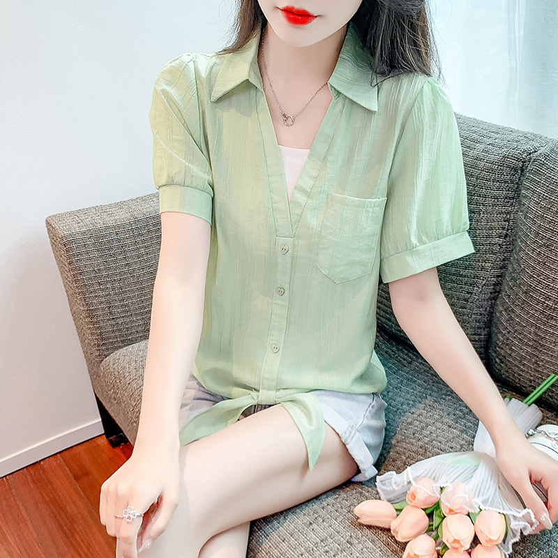 夏季新款时尚洋气假两件拼接短袖雪纺衬衫女别致小衫遮肉显瘦上衣