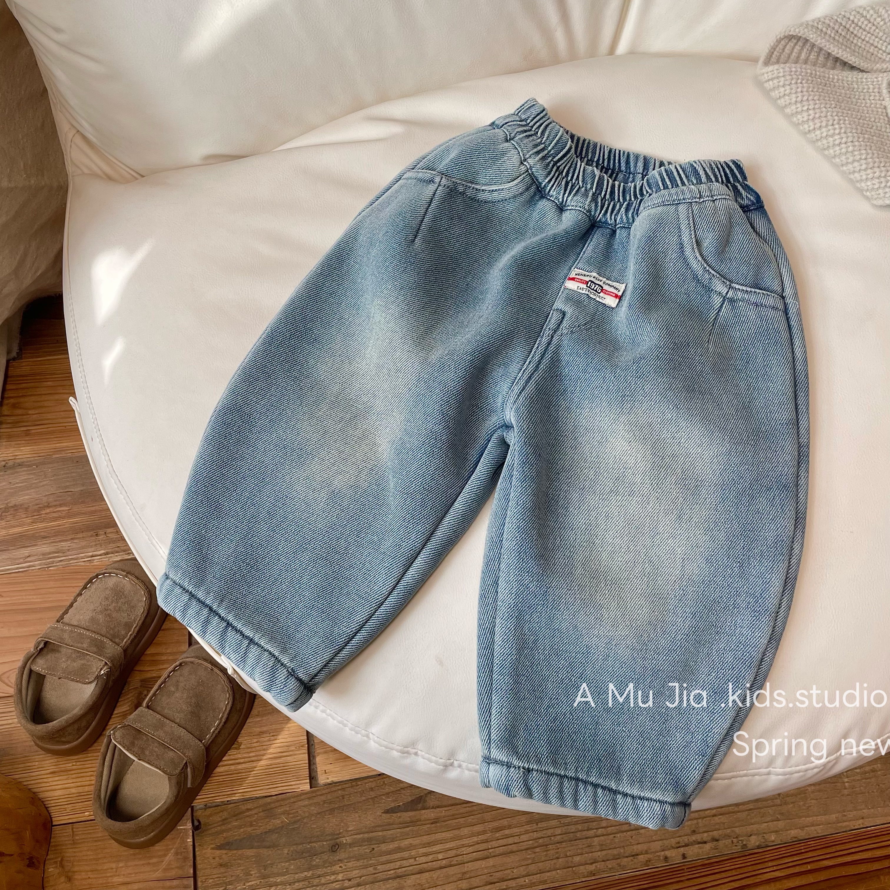 【阿沐家童品】儿童冬季韩系裤子男小童韩版浅色牛仔裤宝宝加绒裤子