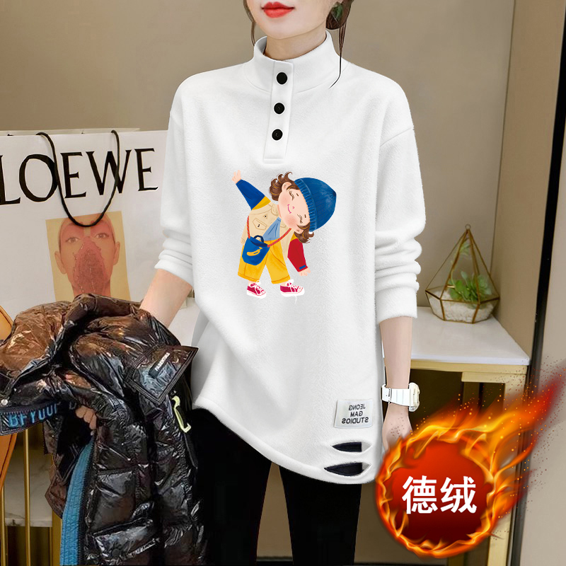 秋冬季小清新印花款长袖t恤中长款显瘦上衣半高领德绒保暧打底衫