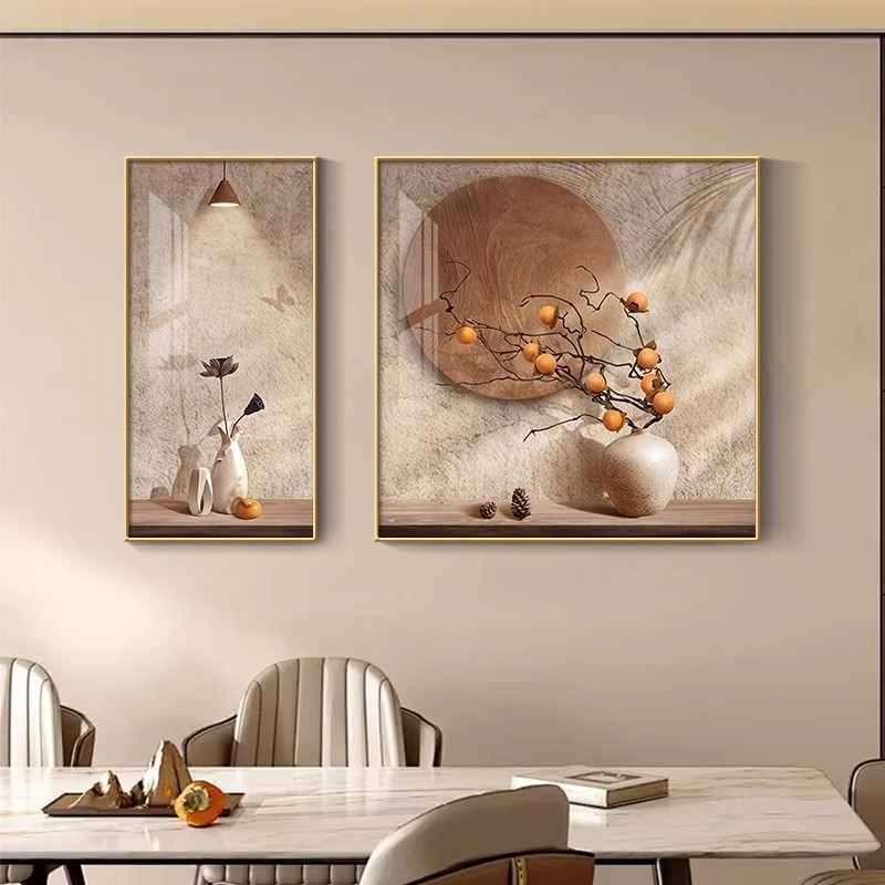 侘寂风餐厅装饰画柿柿如意客厅饭厅挂画餐桌高档肌理壁画事事顺意