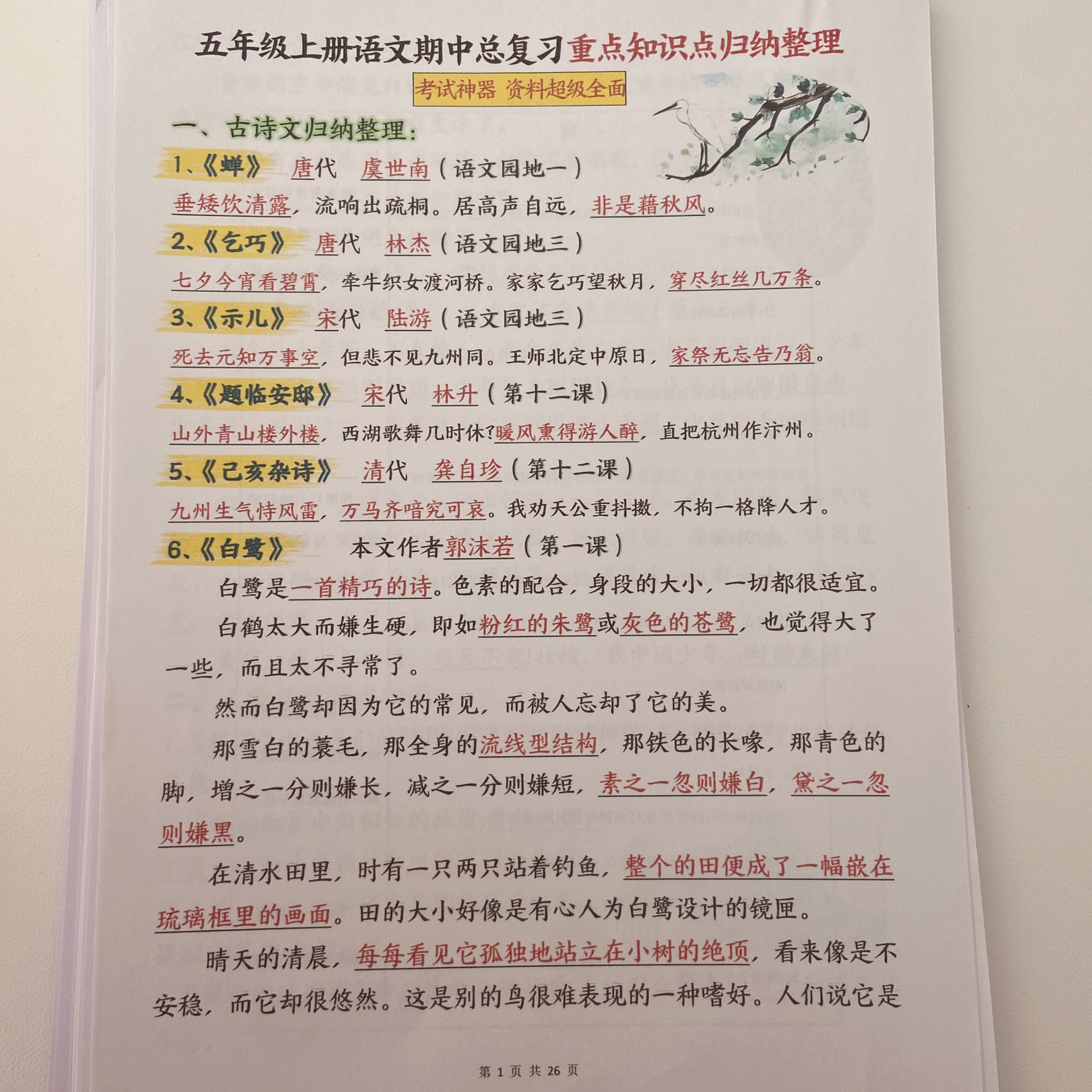 2025年秋新版五年级语文上册期中复习知识点空白+答案