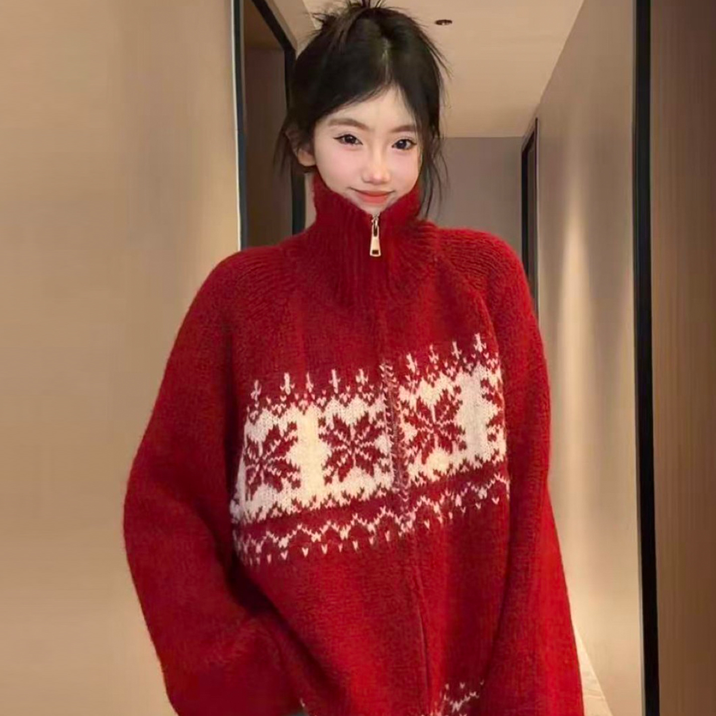 费尔岛红色新年毛衣女秋冬季2025新款圣诞穿搭慵懒风针织开衫外套