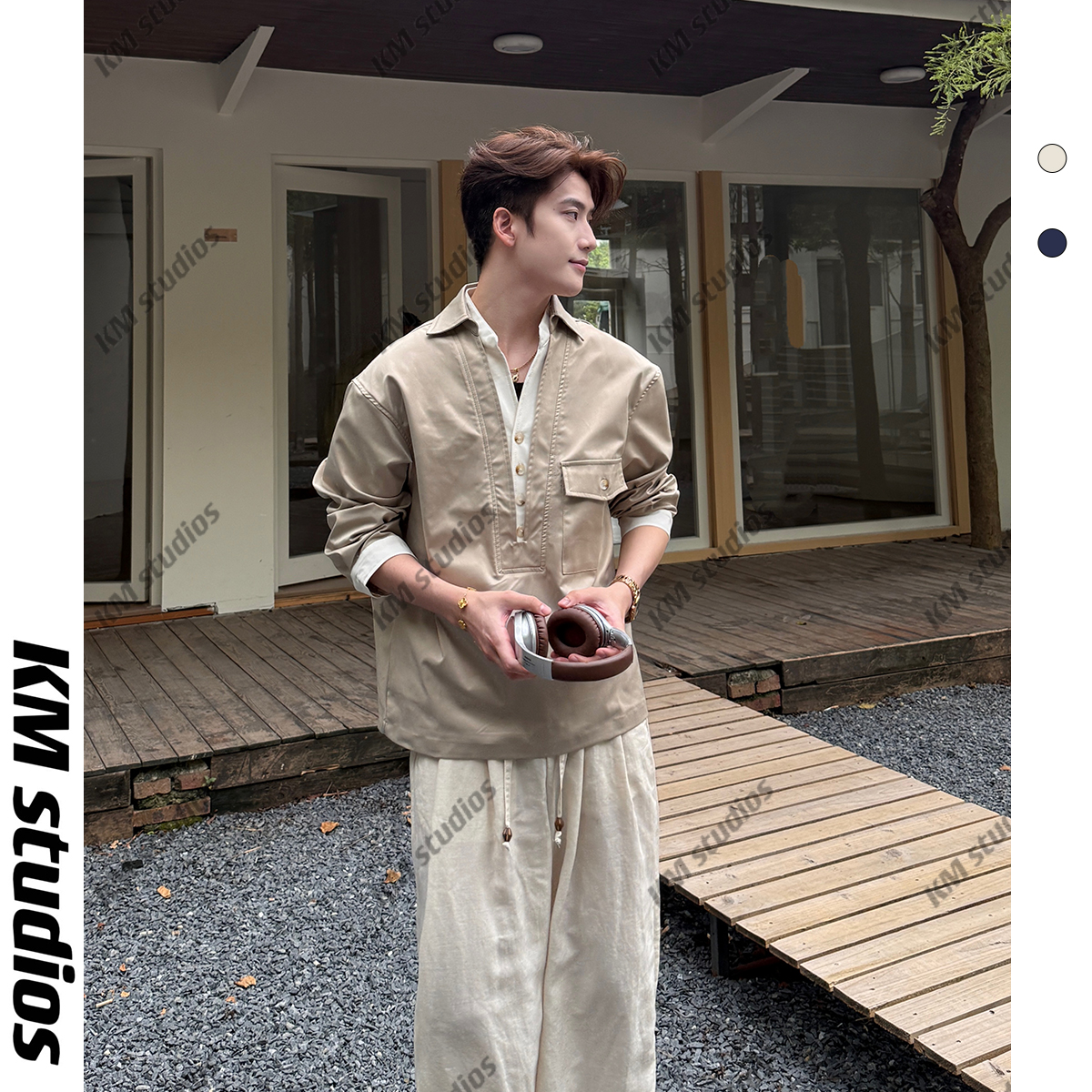 KM studios 25秋冬奢品假两件老钱大V领新贵长袖男女拼色T恤小众