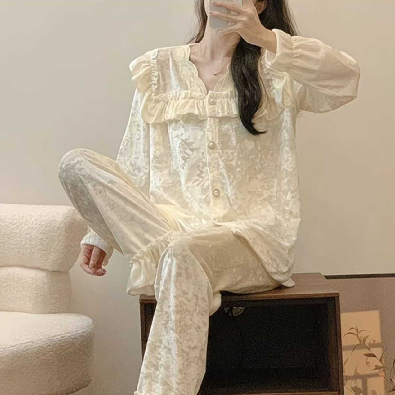 秋冬慵懒风金丝绒少女睡衣套装舒适宽松开衫可外穿家居服套装女E