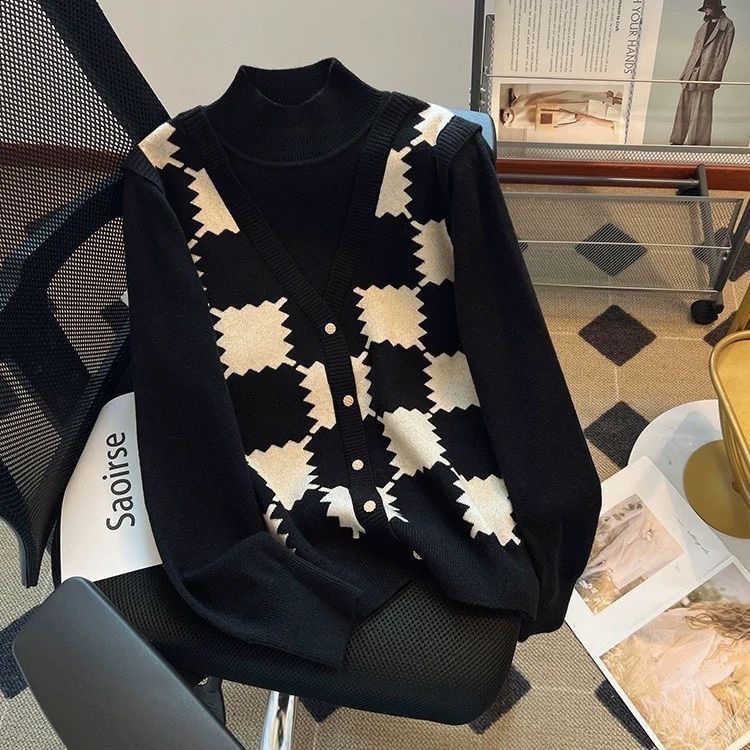 宽松显瘦【80-200斤】提花半高领假两件针织衫女秋冬洋气打底衫毛衣