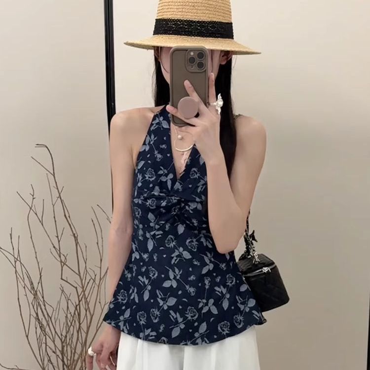 法式藏蓝色碎花挂脖v领背心吊带女夏季甜辣小个子无袖美背上衣薄