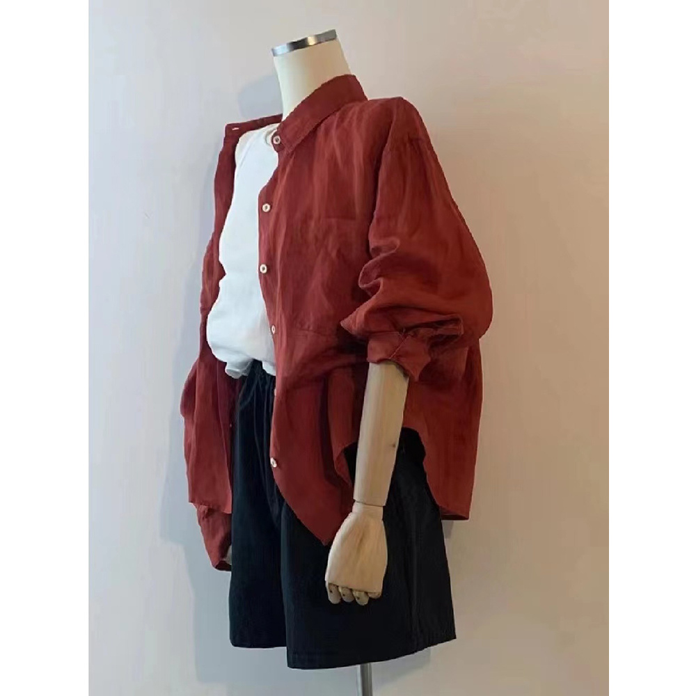 高端绝美！法式复古红色薄款衬衫女长袖衬衣宽松百搭漂亮显瘦上衣