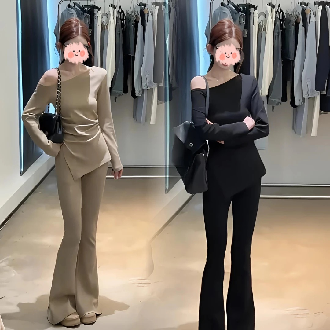 时尚气质纯欲斜肩上衣微喇裤子套装女2025秋季新款显瘦两件套女装