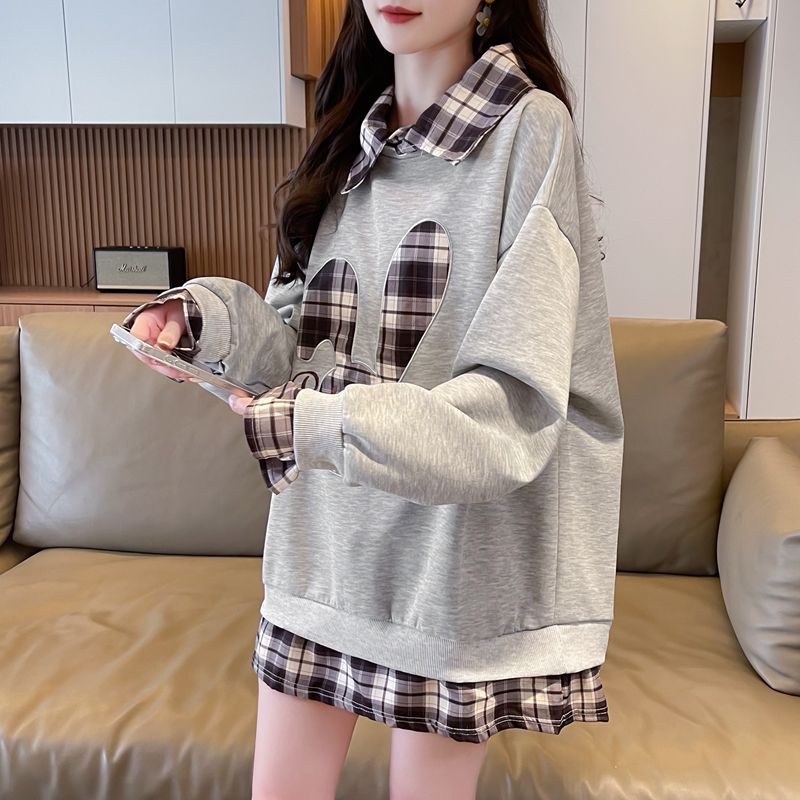 春秋薄款卫衣女假两件大码胖mmins外套小众女士长t恤长袖洋气