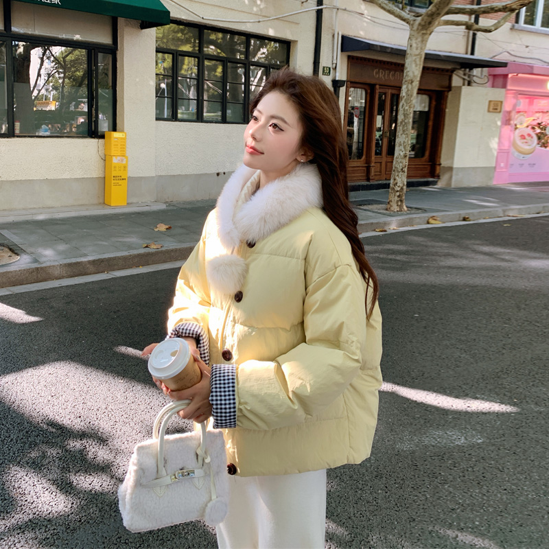 极简风格子拼接羽绒服2025冬季新款时尚韩系穿搭纯色白鸭绒面包服