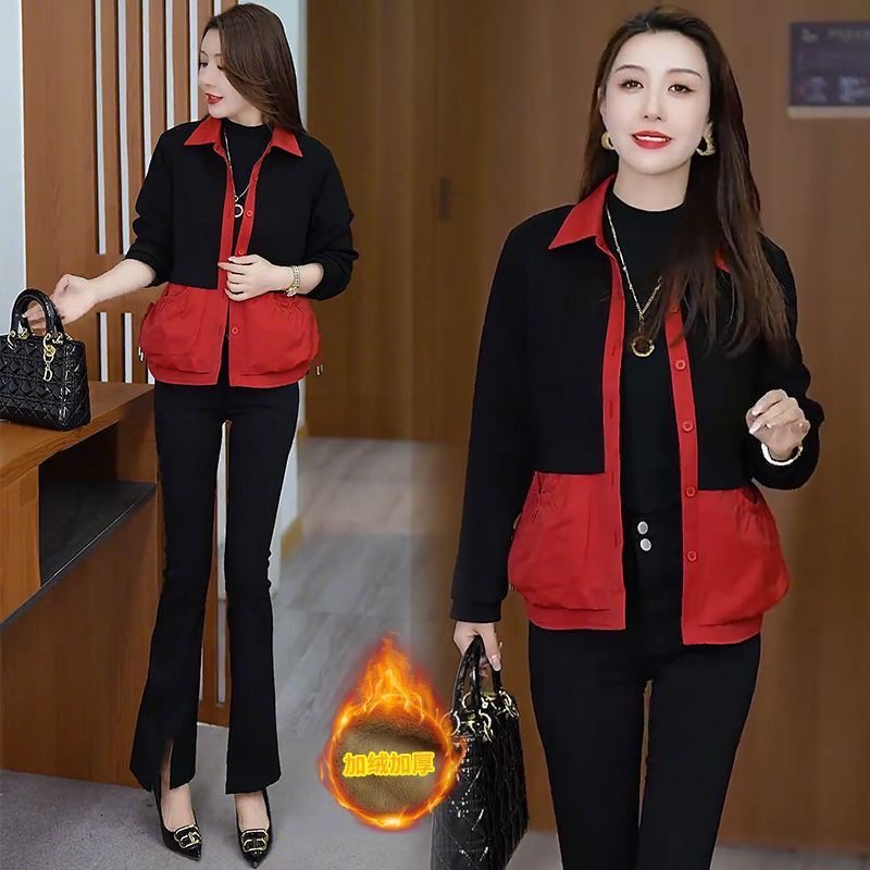 加绒加厚款2025秋冬新款拼接显瘦保暖百搭加绒宽松短外套女秋冬