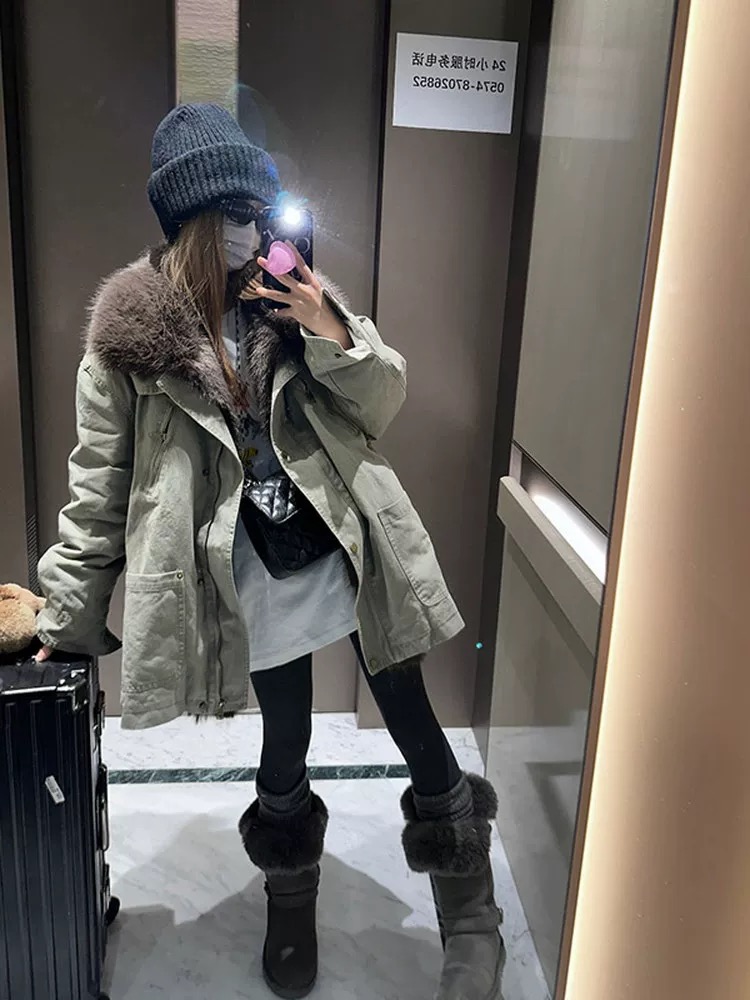 超好看气质毛绒拼接90绒羽绒服女冬季2025新款中长款白鸭绒派克服