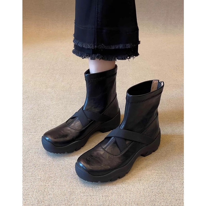 牛皮版~2025今年流行鞋子厚底鞋子女ins潮牌百搭靴子英伦风马丁靴