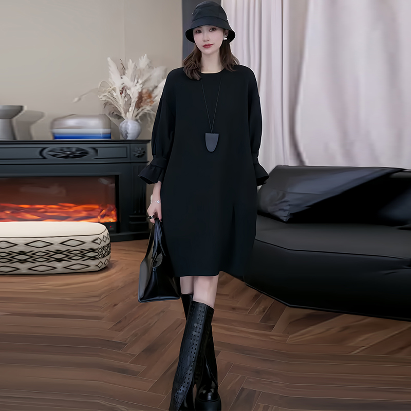 高含棉设计感圆领花瓣袖连衣裙女2025年秋冬新款宽松气质显瘦裙子