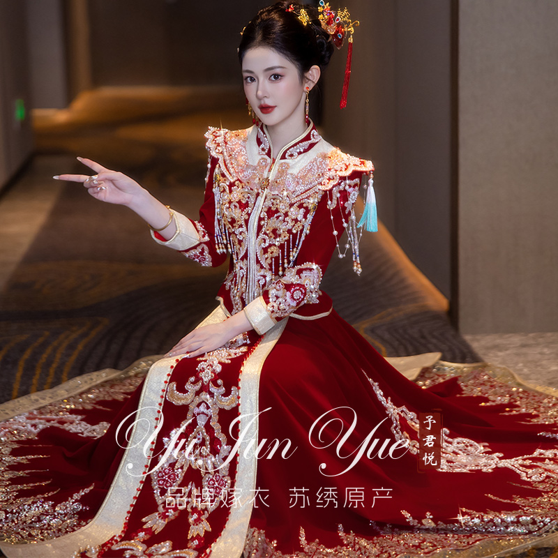 丝绒秀禾服爆款2025新款新娘高级结婚礼服中式嫁衣敬酒服小个子女