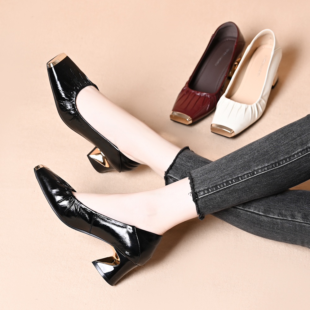 头层牛皮2025早秋新款真皮方头粗跟浅口四季单鞋女鞋脚感舒适软底