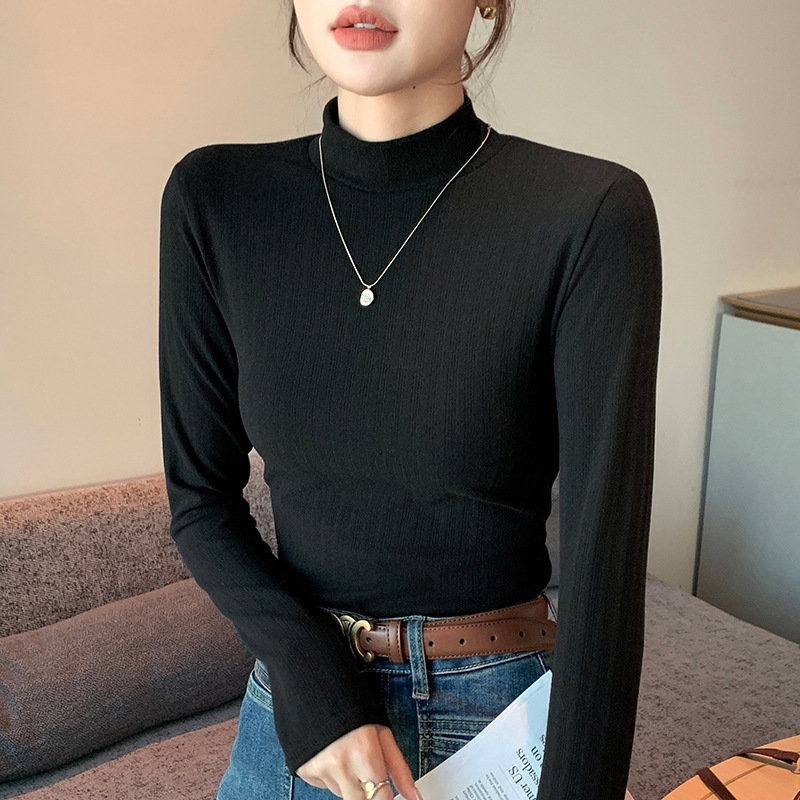 春秋冬双面德绒半高领打底衫女螺纹针织衫洋气内搭长袖t保暖上衣