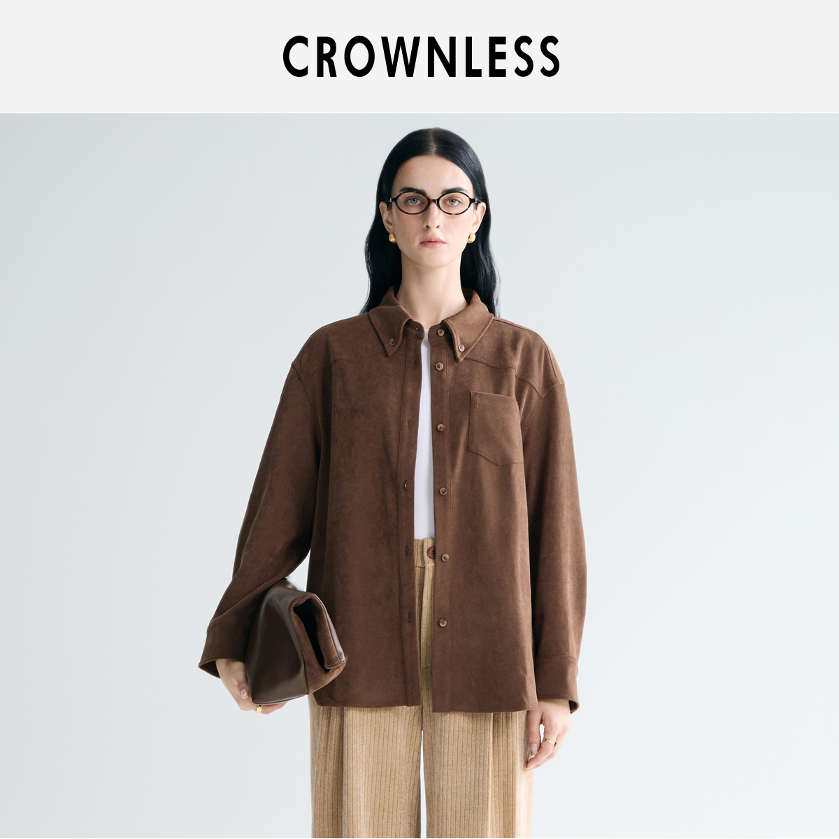 CROWNLESS未冕25秋新环保弹力翻绒复古单侧贴袋领扣式廓形衬衫女