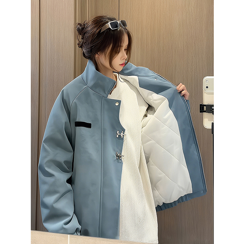 哑光蓝扎染皮衣棉服男女款秋冬季美式飞行夹克外套立领夹棉棒球服