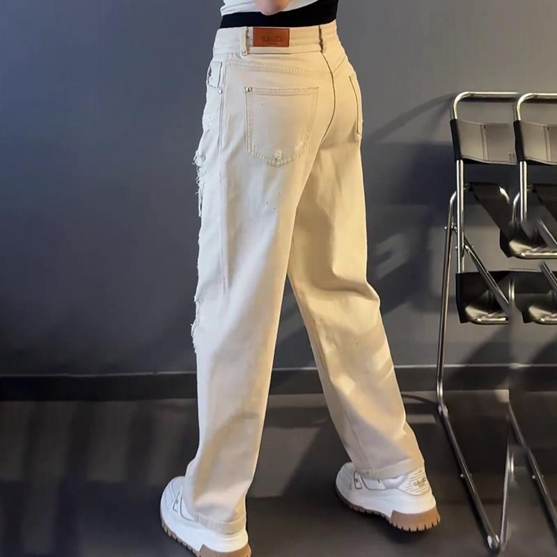 轻奢男装大码潮牌男士时尚新款设计感破洞宽松秋冬牛仔裤直筒休闲