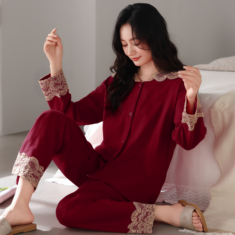 睡衣女款爆款2025新款长袖长裤纯棉套装春秋红色蕾丝本命年家居服