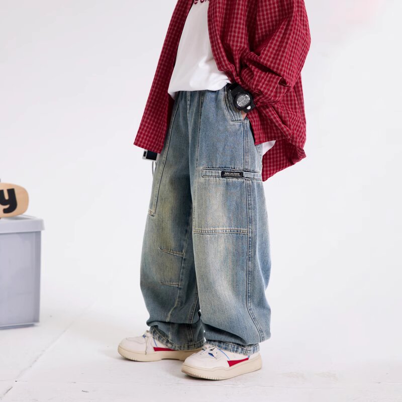 男童牛仔裤2025春秋新款微阔腿裤中大童百搭宽松直筒帅气长裤